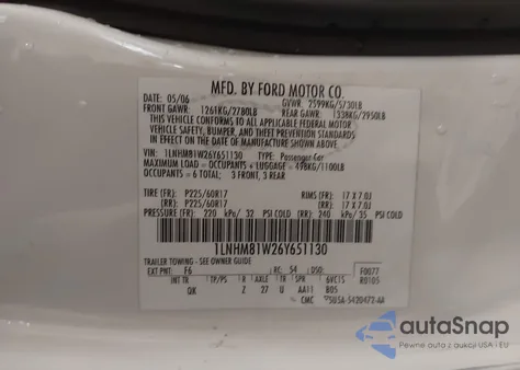 2006 Lincoln Town Car Signature z USA, uszkodzony, nr VIN 1LNHM81W26Y651130